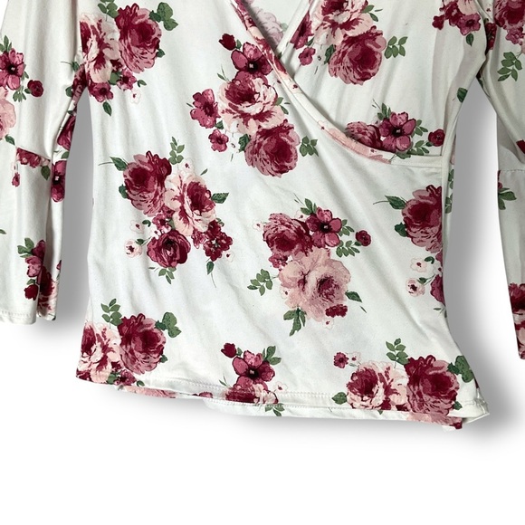 Pinc Floral Wrap Top Sz XL V Neck Long Sleeve Ruffle Peony Y2K 90's Stretch - Picture 4 of 14